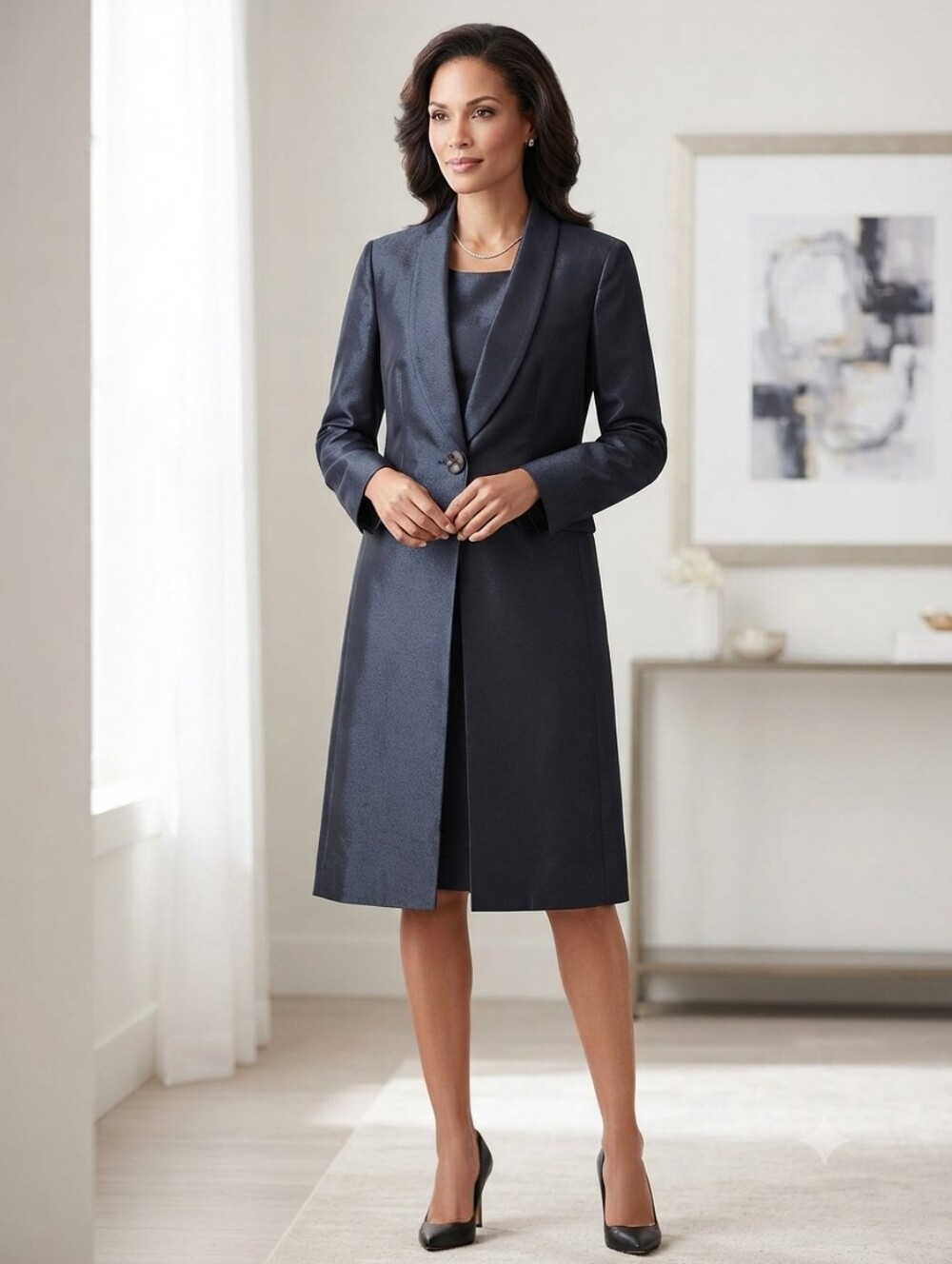 Le Suit Shimmery Navy Longline Single-Button Blazer and matching dress